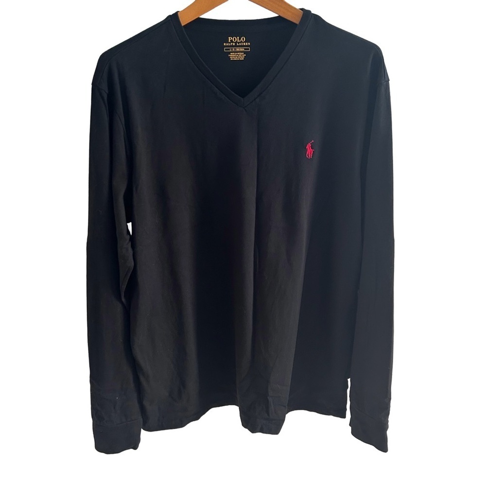 🏇 Polo by Ralph Lauren Black V-Neck Long Sleeve Shirt with Red Pony L